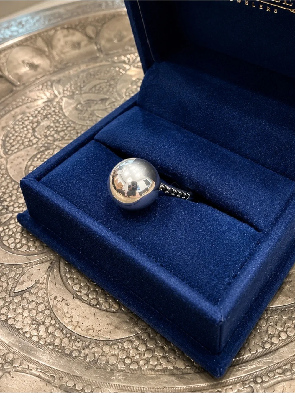 Emma Israelsson Globe Ball Sterling Silver Ring Black Stones Size 5.5